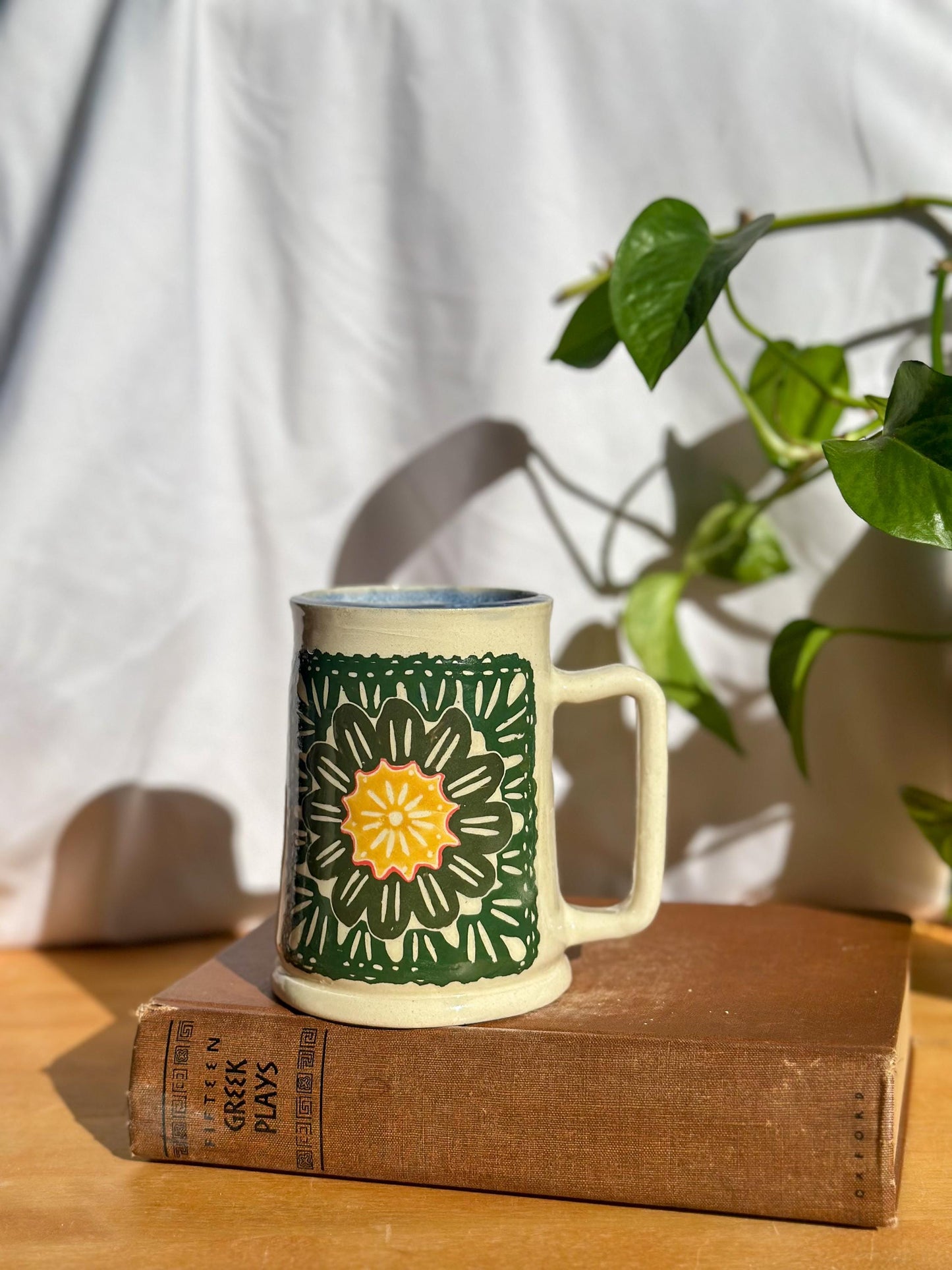 green and yellow quilt pattern craft tankard for tea