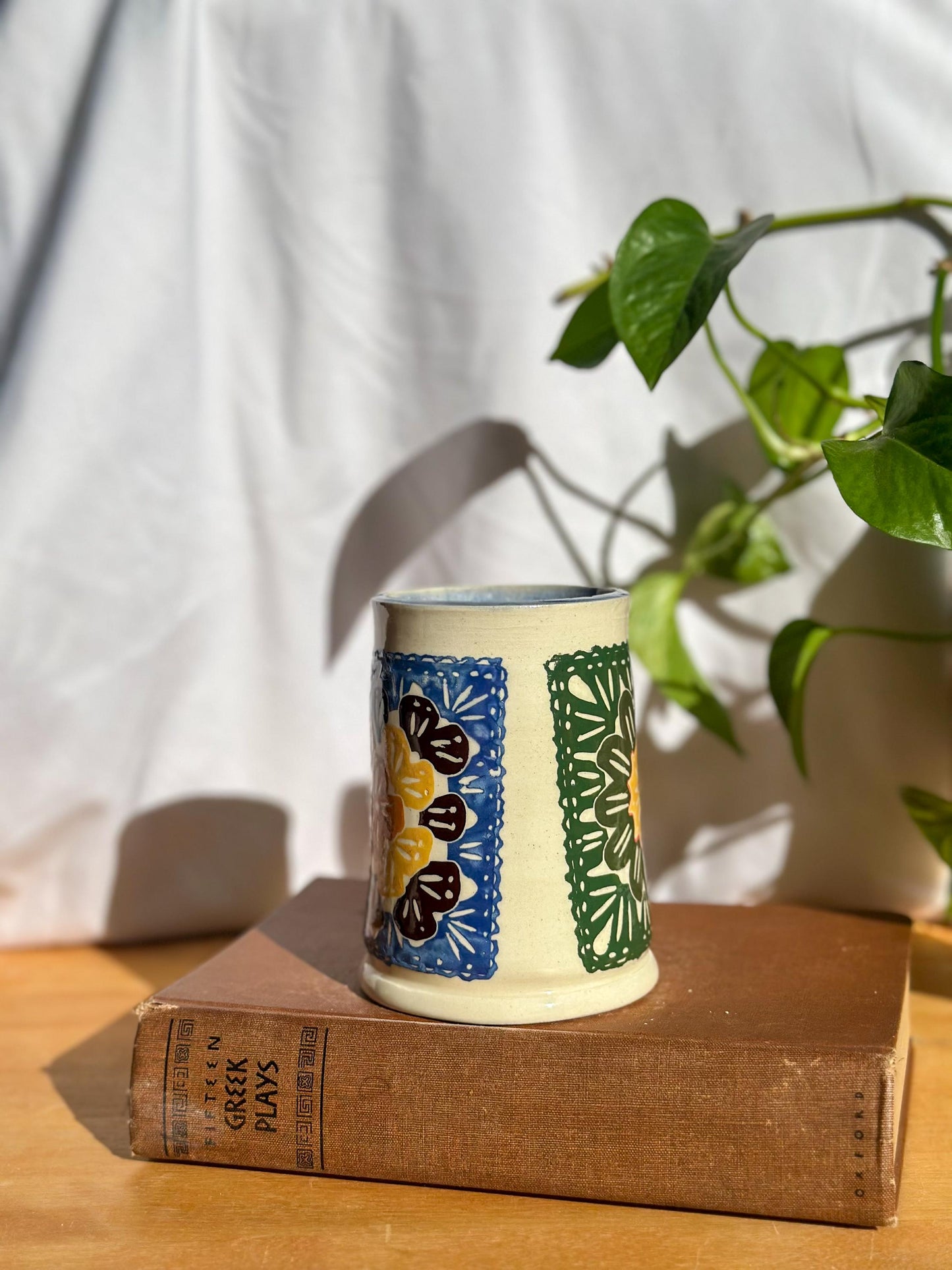 blue and green side by side quilted mug