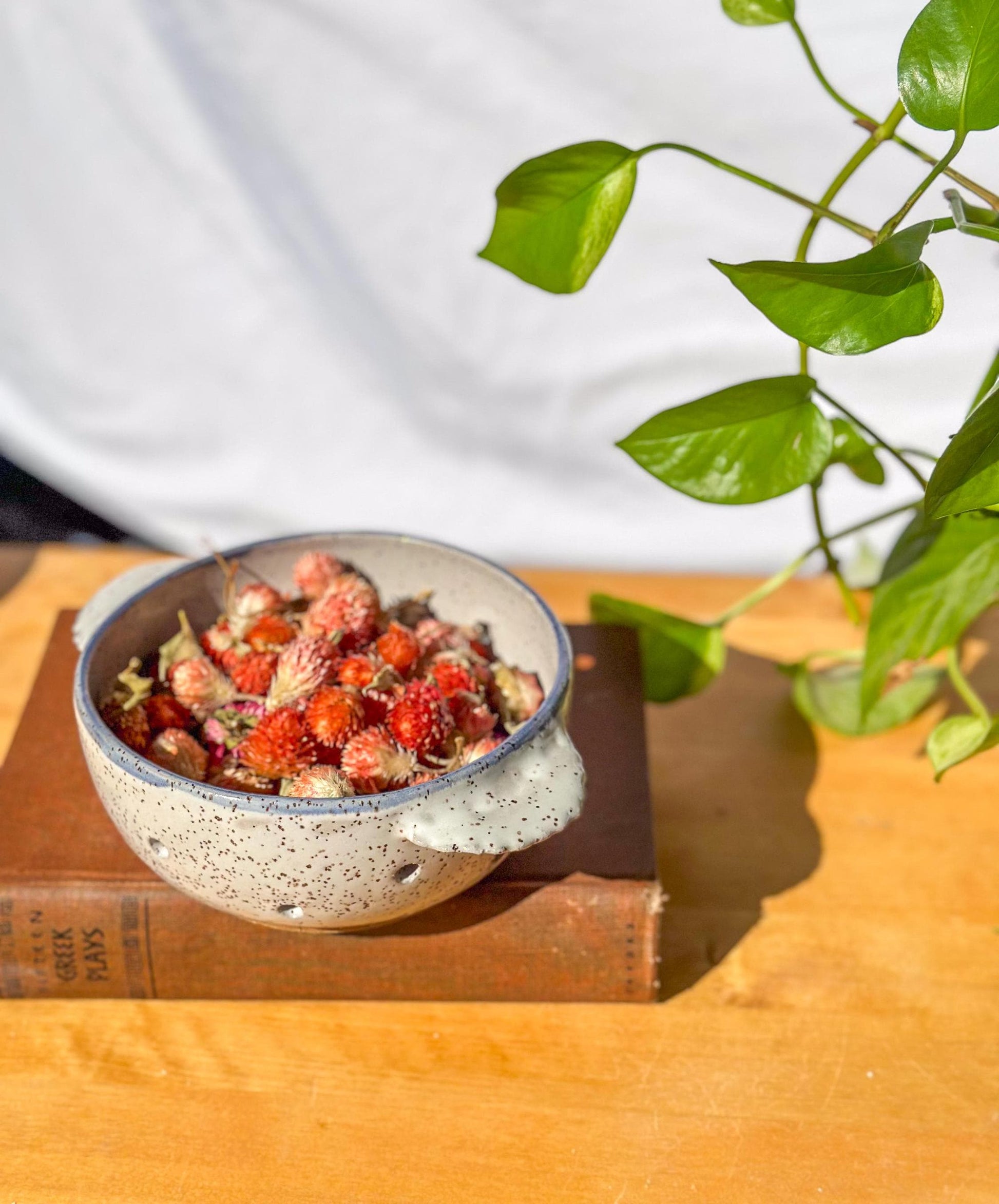 white speckled berry bowl with flowers